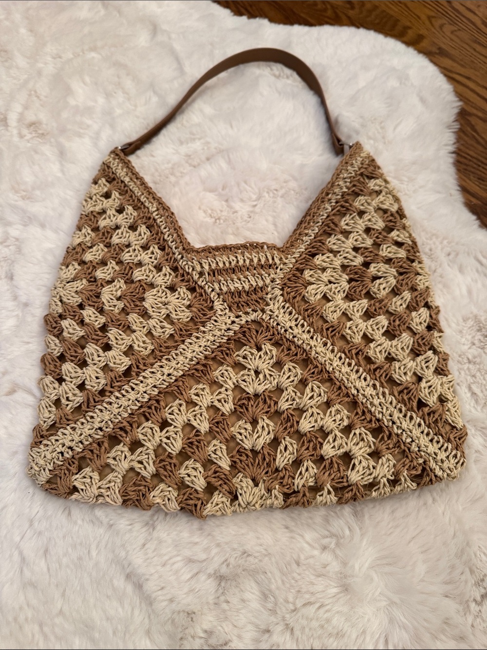 Handcrafted Crochet Hobo Bag in Beige and Brown